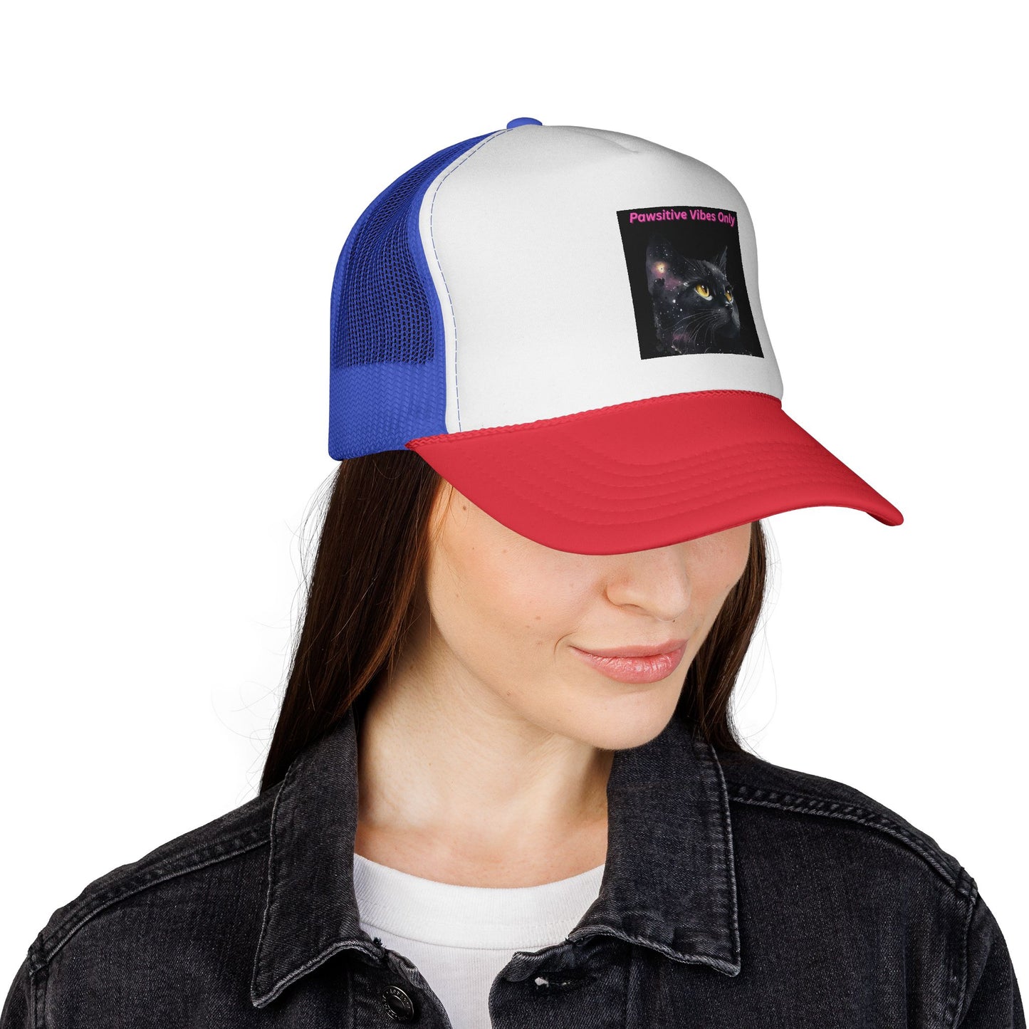 Positive Vibes Cat Trucker Cap, Fun Hat for Cat Lovers, Casual Outdoor Accessory, Birthday Gift, Summer Fashion