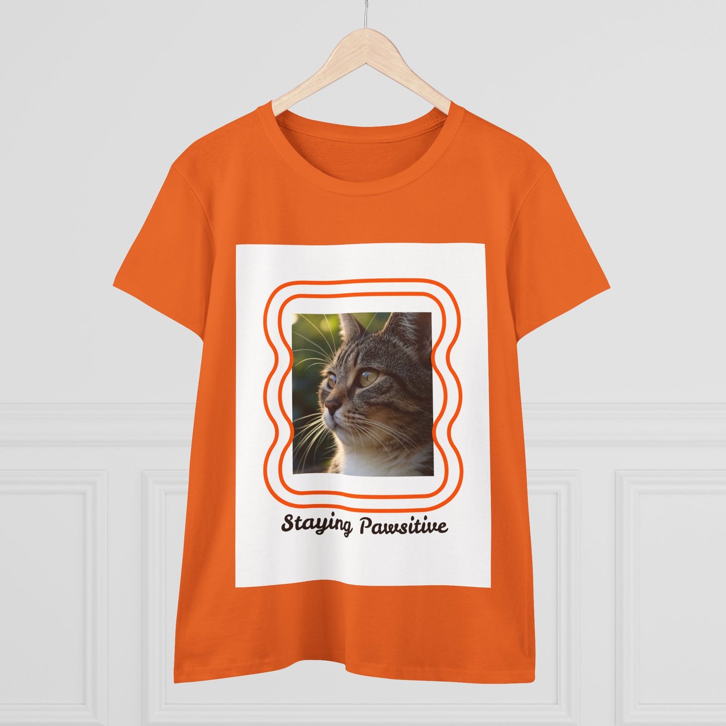 Women's Cat-Themed Cotton Tee, Staying Paw-sitive Shirt, Gift for Cat Lovers, Cute Cat Top, Casual Wear for Pet Lovers