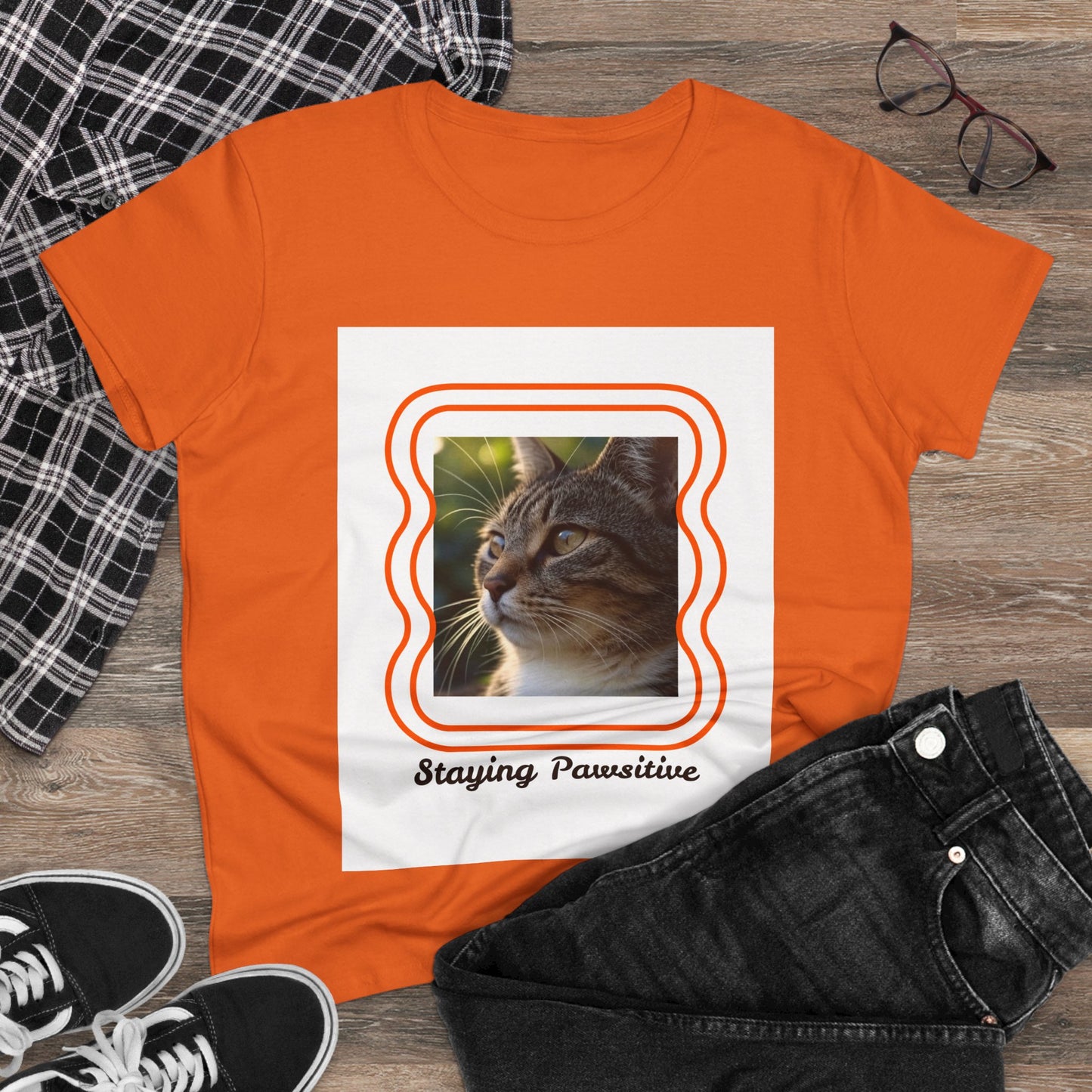 Women's Cat-Themed Cotton Tee, Staying Paw-sitive Shirt, Gift for Cat Lovers, Cute Cat Top, Casual Wear for Pet Lovers