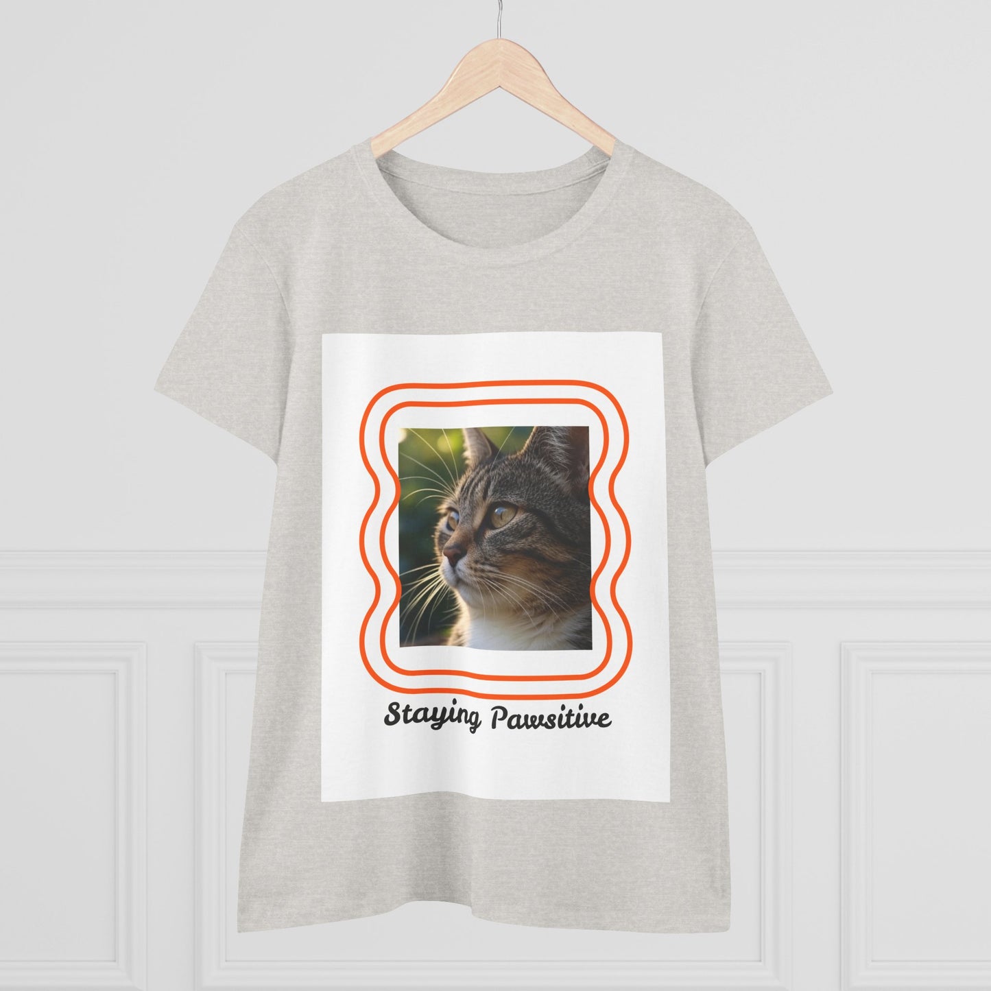 Women's Cat-Themed Cotton Tee, Staying Paw-sitive Shirt, Gift for Cat Lovers, Cute Cat Top, Casual Wear for Pet Lovers