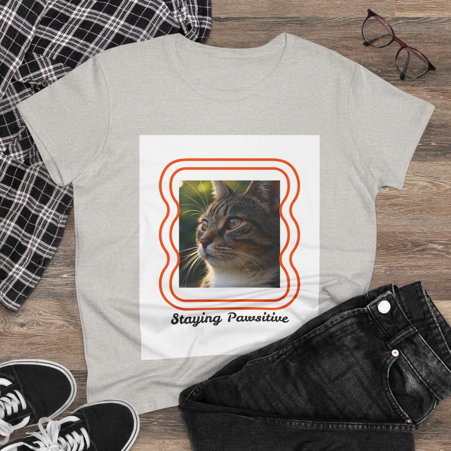Women's Cat-Themed Cotton Tee, Staying Paw-sitive Shirt, Gift for Cat Lovers, Cute Cat Top, Casual Wear for Pet Lovers