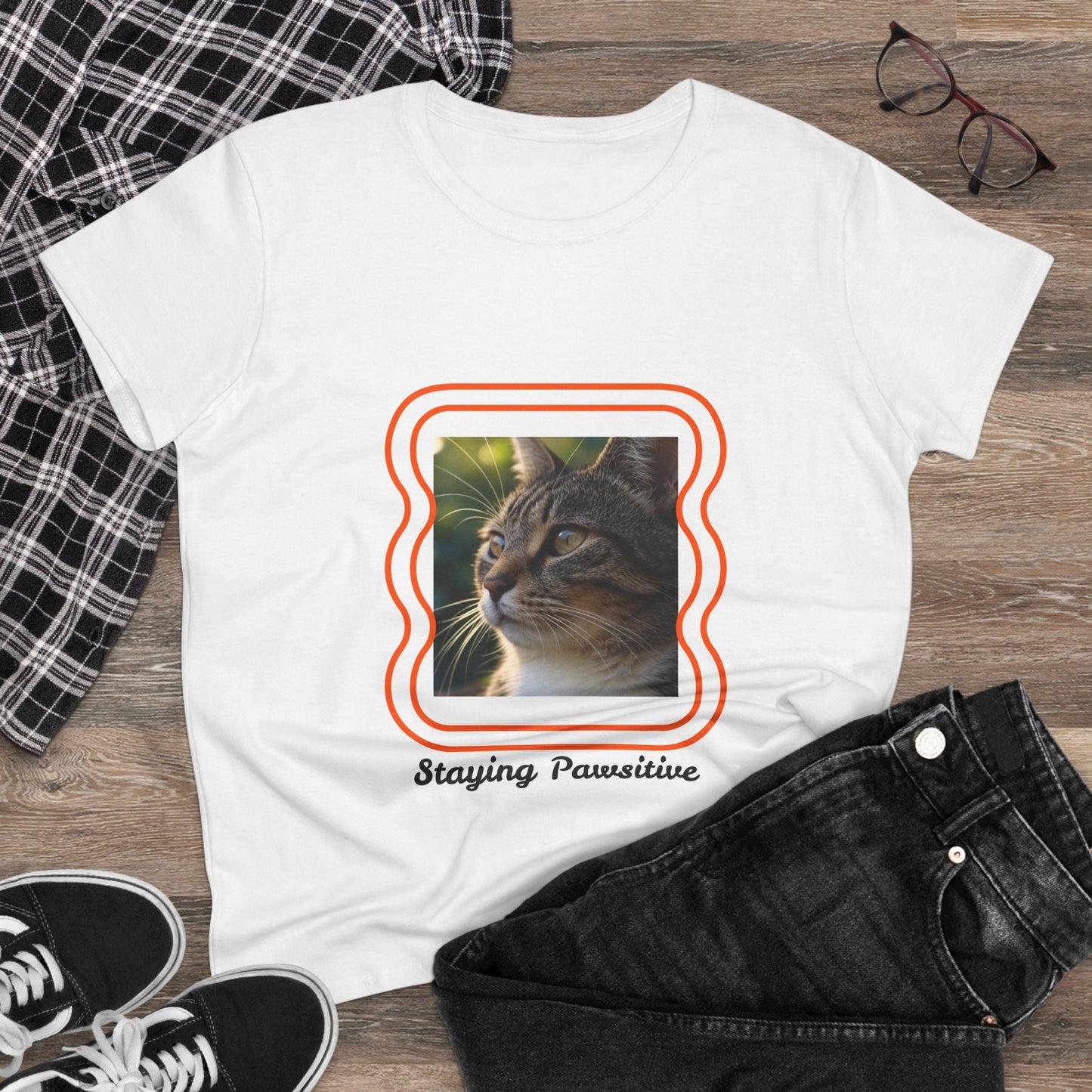 Women's Cat-Themed Cotton Tee, Staying Paw-sitive Shirt, Gift for Cat Lovers, Cute Cat Top, Casual Wear for Pet Lovers