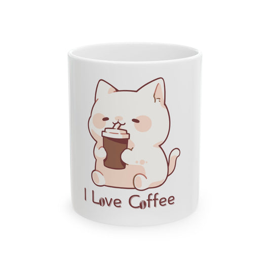 Cute Cat Coffee Mug - I Love Coffee - Animal Lover Gift, Ceramic Cup for Hot Drinks, Tea Mug, Funny Kitchen Decor, Birthday Gift