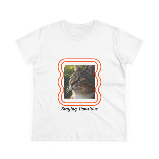 Women's Cat-Themed Cotton Tee, Staying Paw-sitive Shirt, Gift for Cat Lovers, Cute Cat Top, Casual Wear for Pet Lovers