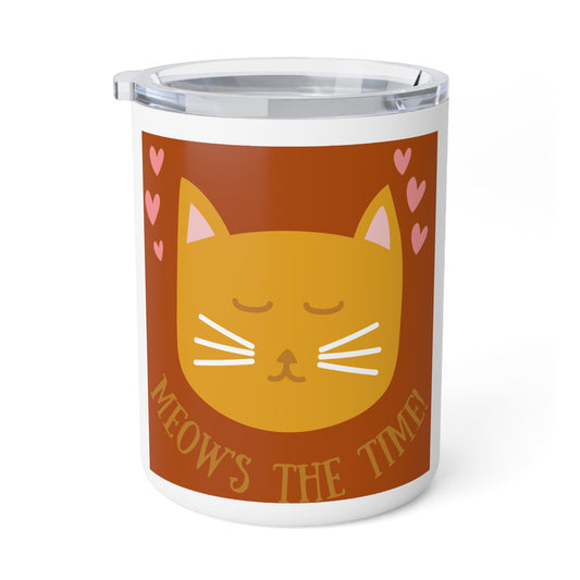 Cat Lover Insulated Coffee Mug, Funny Cat Gift, Meow's the Time, Cute Cat Coffee Cup, Pet Lover's Mug, Warm Beverage Tumbler