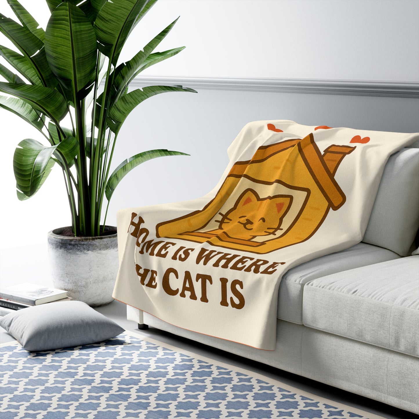 Cozy Cat Sherpa Fleece Blanket - Home is Where the Cat Is, Cat Lovers Gift, Pet Blanket, Cat Decor, Fleece Throw for Holidays
