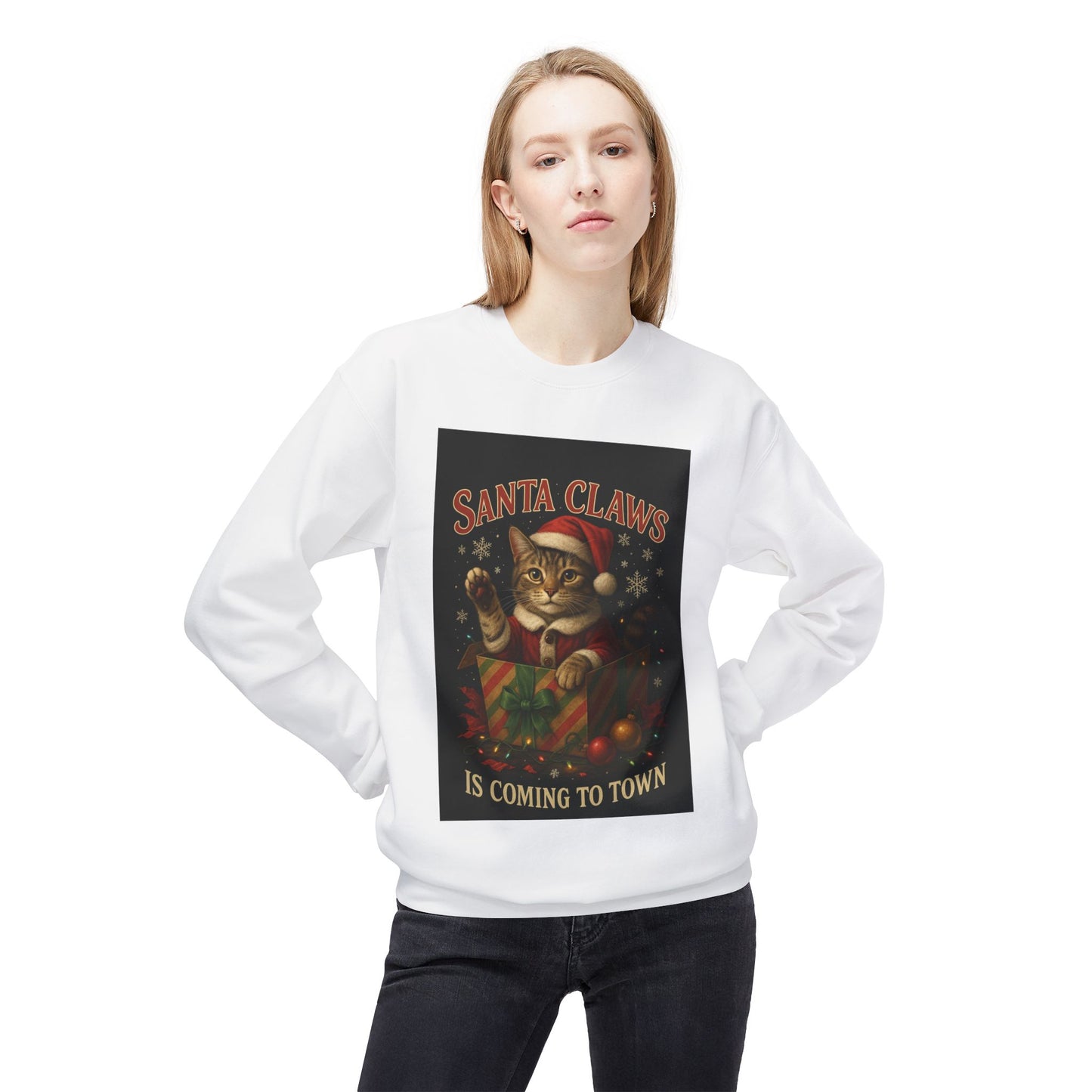 Festive Cat Sweatshirt, Unisex Fleece Sweater for Holiday Cheer, Christmas Gift, Cozy Vibe, Cute Cat Design, Winter Wear