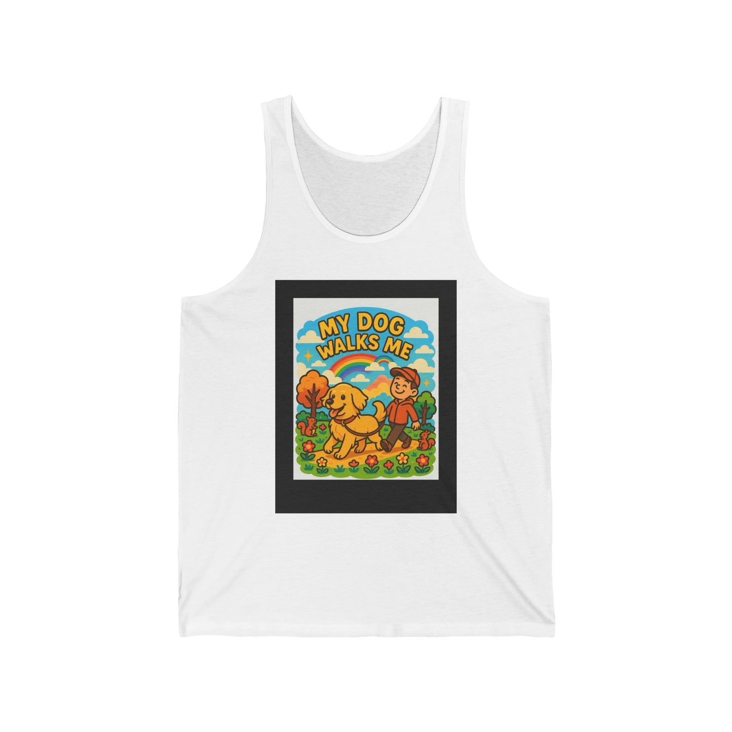 My Dog Walks Me Tank Top, Funny Dog Lover Unisex Jersey Tank, Pet Owner Gift, Summer Casual Wear, Dog Mom Gift Idea
