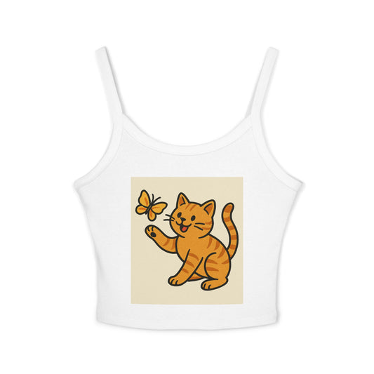 Cute Cat Spaghetti Strap Tank Top, Fun Summer Top, Animal Lover Gift, Casual Wear, Trendy Crop Top, Cute Cat Design