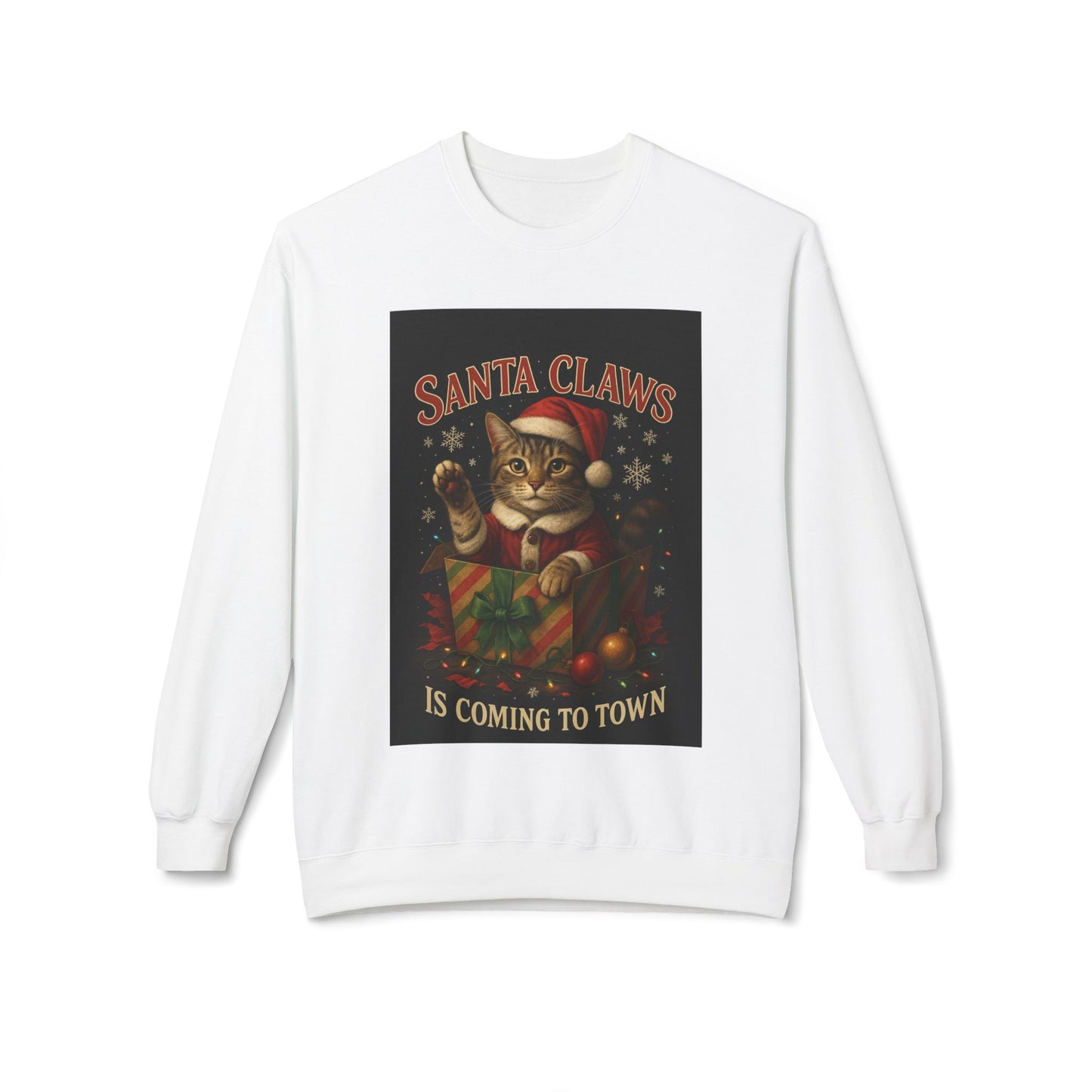 Festive Cat Sweatshirt, Unisex Fleece Sweater for Holiday Cheer, Christmas Gift, Cozy Vibe, Cute Cat Design, Winter Wear