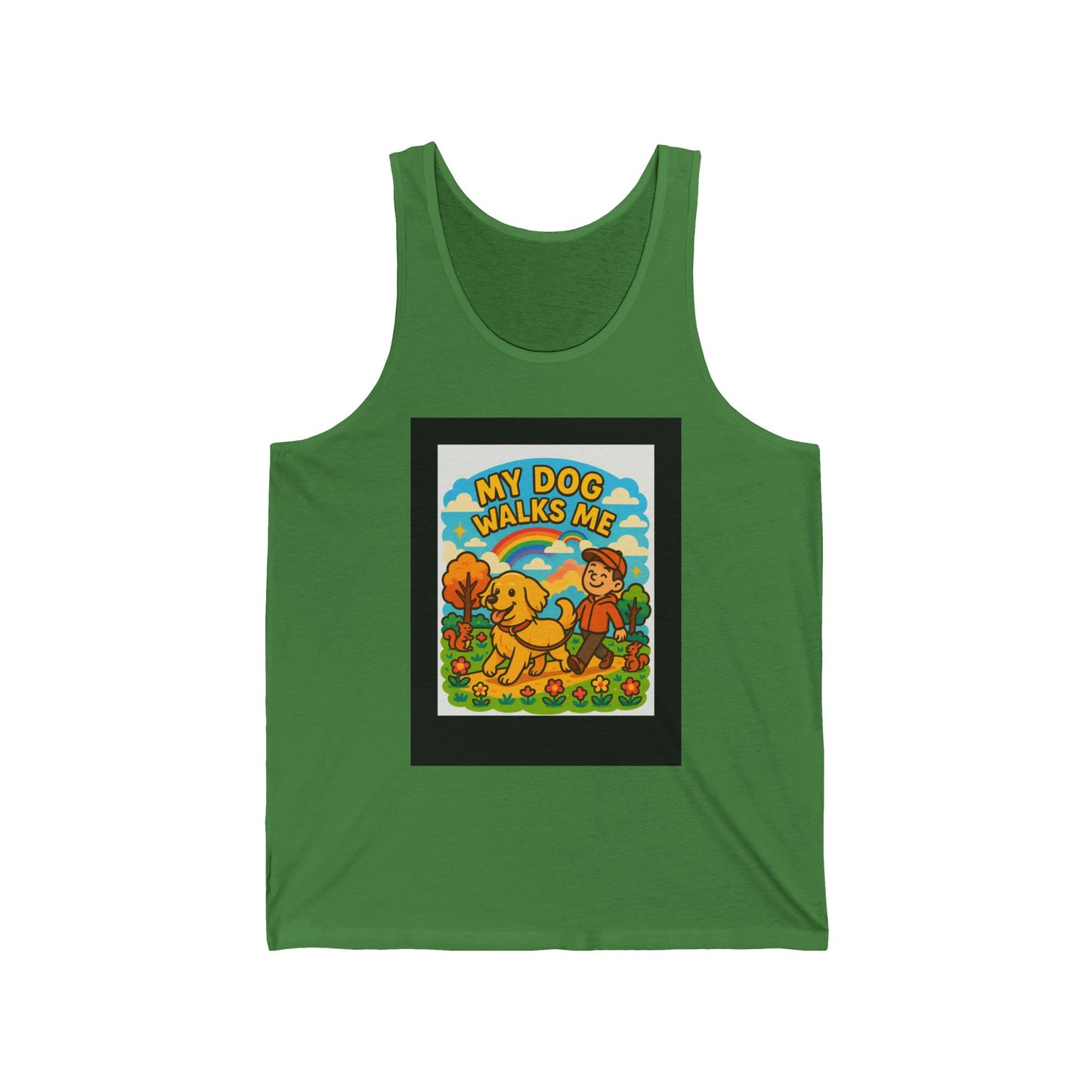My Dog Walks Me Tank Top, Funny Dog Lover Unisex Jersey Tank, Pet Owner Gift, Summer Casual Wear, Dog Mom Gift Idea
