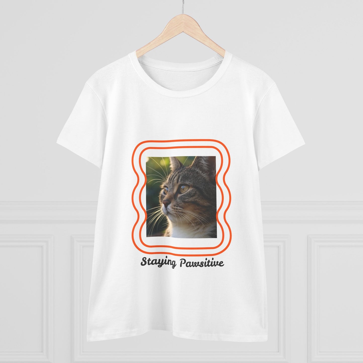 Women's Cat-Themed Cotton Tee, Staying Paw-sitive Shirt, Gift for Cat Lovers, Cute Cat Top, Casual Wear for Pet Lovers