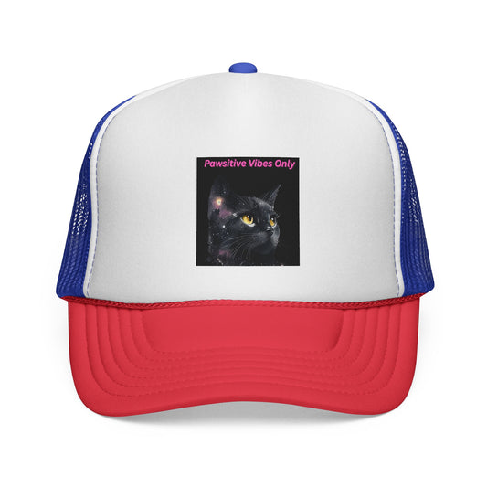 Positive Vibes Cat Trucker Cap, Fun Hat for Cat Lovers, Casual Outdoor Accessory, Birthday Gift, Summer Fashion